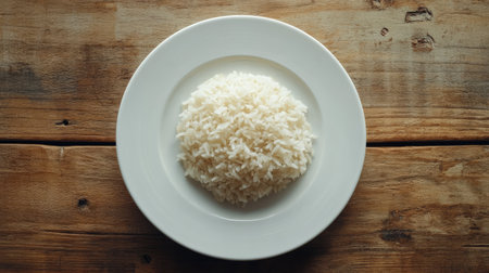 A serving of cooked Jasmine rice on a white plate, resting on a rustic wooden table. Simple and classic Asian cuisine presentation.の素材