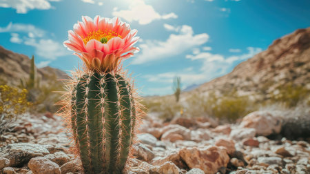 A single wild cactus with bright flowers blooming under the clear summer sky, standing resilient in the desert landscape, with rocky terrain and sunlight all around.の素材