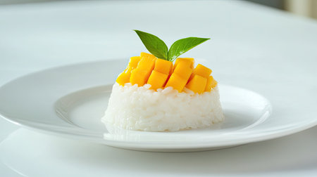 A traditional Thai dessert of sticky rice with coconut milk and mango, neatly presented on a white plate, set against a minimalist white background for a clean, elegant look.の素材