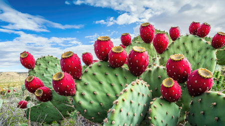 Close-up of a giant prickly pear cactus with ripe red fruits in Saguaro National Park, Arizona, emphasizing the contrast between the spiky pads and the vibrant fruits.の素材