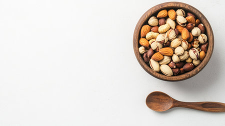 A wooden bowl filled with mixed nuts and a spoon, viewed from above on a white background. Copy space available for text or branding.の素材