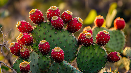 Close-up of a giant prickly pear cactus with ripe red fruits in Saguaro National Park, Arizona, emphasizing the contrast between the spiky pads and the vibrant fruits.の素材