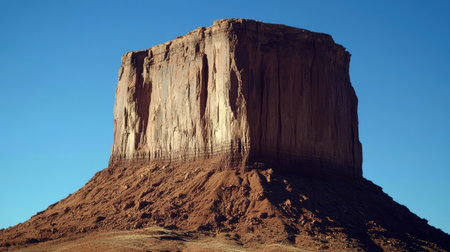 Close-up of a towering butte in Monument Valley, showcasing the rugged red sandstone formations and intricate textures against a clear blue sky in the Arizona-Utah desert.の素材