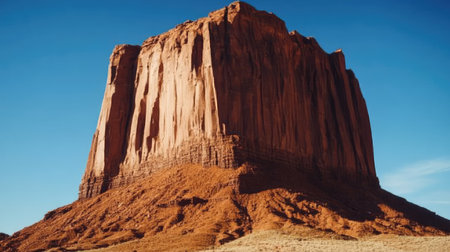 Close-up of a towering butte in Monument Valley, showcasing the rugged red sandstone formations and intricate textures against a clear blue sky in the Arizona-Utah desert.の素材