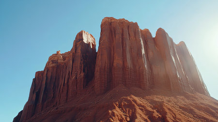 Close-up of a towering butte in Monument Valley, showcasing the rugged red sandstone formations and intricate textures against a clear blue sky in the Arizona-Utah desert.の素材
