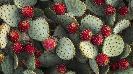 Close-up of the giant prickly pear cactus, showcasing its spiky pads adorned with numerous red fruits, set in the arid landscape of Saguaro National Park, Arizona.の素材