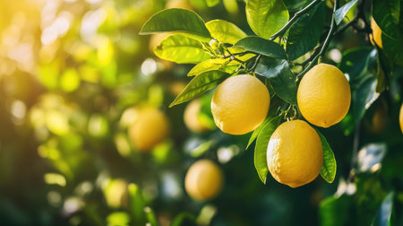 Freshly ripened yellow lemons on tree branches, surrounded by green leaves in an Italian garden. A vibrant and refreshing citrus harvest.の素材