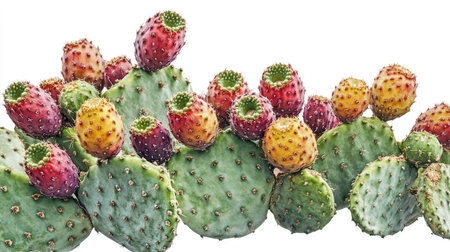 Detailed view of a prickly pear cactus with a rich array of fruit on its pads, isolated on a white background to highlight the vibrant colors and unique shape.の素材
