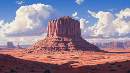 Detailed view of a butte in Monument Valley, Arizona-Utah, highlighting the deep red rock layers and erosion patterns carved by time and nature under the vast desert sky.の素材