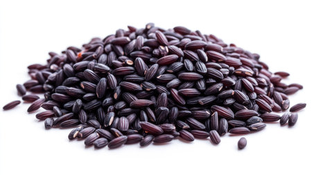 Close-up of cooked Riceberry rice, isolated on a white background. The rich purple-black grains highlight the healthy and nutritious aspect of this unique rice variety.の素材
