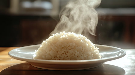Cooked Jasmine rice on a white plate with steam rising, placed on a wooden table. Warm and comforting food concept.の素材