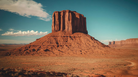 Rugged close-up of a Monument Valley butte, emphasizing the layered rock strata and natural erosion, set against the expansive Arizona-Utah sky.の素材