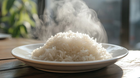 Cooked Jasmine rice on a white plate with steam rising, placed on a wooden table. Warm and comforting food concept.の素材