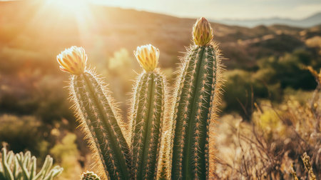 Majestic wild cactus with flowers in full bloom, reaching towards the summer sky, surrounded by dry, arid land and the warm glow of the afternoon sun.の素材