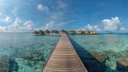 Scenic panorama of a wooden jetty leading to luxurious water villas in the Maldives, surrounded by the clear, tranquil waters of the Indian Ocean on a sunny day.の素材