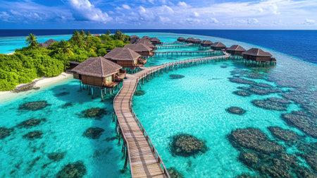 Sweeping panorama of tropical water bungalows in the Maldives, connected by a wooden walkway, with the lush greenery and crystal-clear waters completing the idyllic summer setting.の素材