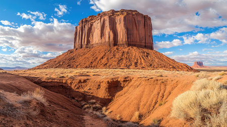 Detailed view of a butte in Monument Valley, Arizona-Utah, highlighting the deep red rock layers and erosion patterns carved by time and nature under the vast desert sky.の素材