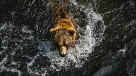Top view of a bear's snout as it searches for food in a river, with water splashing around, capturing a moment of hunting.の素材