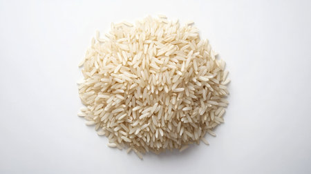 Isolated serving of cooked Riceberry rice, neatly arranged on a white background. The rich tones of the grains offer a contrast to the clean, white space.の素材
