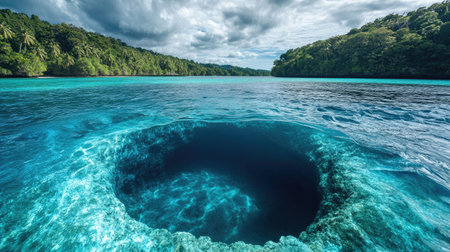 Panoramic view from a boat looking into the depths of a Blue Hole at Ratua Private Island, Vanuatu. The water shifts from turquoise to deep blue.の素材