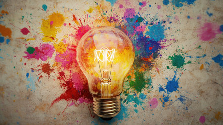 Top view of a light bulb surrounded by colorful paint splatters, representing creative thinking.の素材