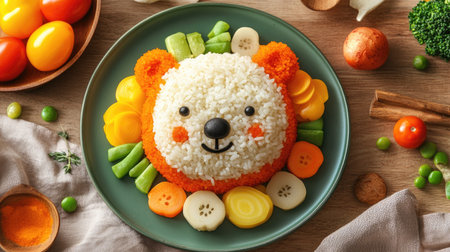 Top view of a cute bear face made of rice and vegetables on a plate, surrounded by colorful food items, creating a playful meal presentation.の素材