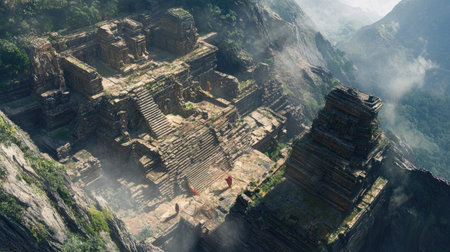 Top view of a lost city in the mountains, with remnants of stone structures, temples, and terraces built into the slopes.の素材