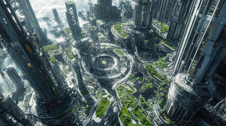 Top view of a futuristic city with sleek skyscrapers, lush green rooftops, and a network of winding roads and walkways.の素材