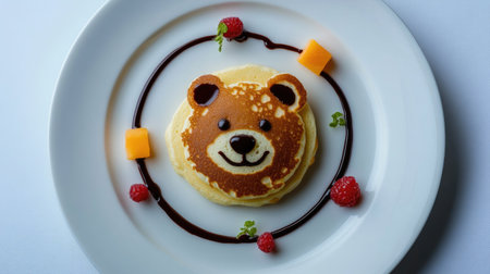 Top view of a cute bear-shaped pancake on a white plate, decorated with chocolate syrup and fruit, creating a playful breakfast scene.の素材