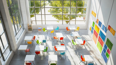 Top view of a classroom with white desks, colorful chairs, and a large window casting natural light, ready for students.の素材