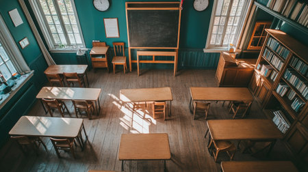 Top view of a classroom with wooden desks and chairs, a large chalkboard, and a clean, organized space ready for students.の素材