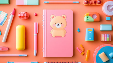 Top view of a kawaii-style bear character notebook, with a pen and colorful stationery items, creating a cute study setup.の素材