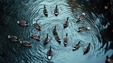 Top view of a duck farm pond with dozens of ducks swimming, creating ripples and reflections in the water.の素材