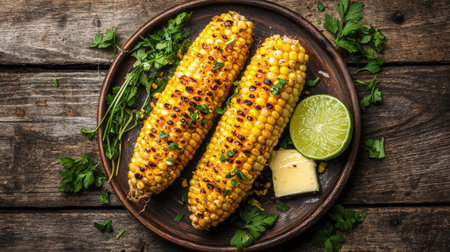 Top view of a plate of grilled corn on the cob, garnished with butter, lime wedges, and herbs, served on a rustic wooden table.の素材