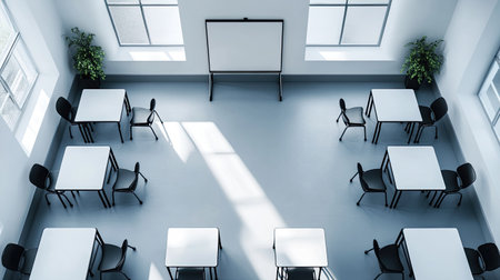 Top view of a modern classroom with white desks and black chairs, a clean whiteboard, and a bright, minimalist design.の素材