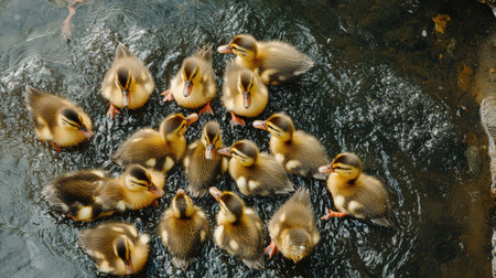 Top view of a farm's ducklings paddling in a shallow pool, with their fluffy feathers and tiny beaks visible.の素材