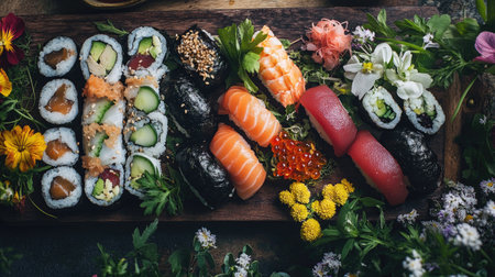 Top view of a sushi platter with an assortment of nigiri and maki, garnished with fresh herbs and edible flowers.の素材