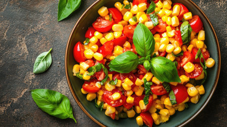 Top view of a serving of corn and tomato salad, dressed in a light vinaigrette, and garnished with fresh basil leaves.の素材