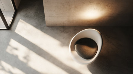 Top view of a minimalist floor lamp with a sleek design, casting a focused beam of light on a modern chair.の素材