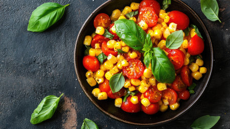 Top view of a serving of corn and tomato salad, dressed in a light vinaigrette, and garnished with fresh basil leaves.の素材