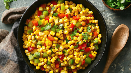 Top view of a skillet of corn succotash, mixed with lima beans, bell peppers, and a touch of butter, served hot.の素材