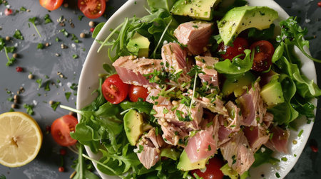 Top view of a tuna and avocado salad with mixed greens, cherry tomatoes, and a lemon herb dressing.の素材