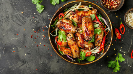 Top view of a traditional Thai papaya salad with chili peppers, paired with juicy grilled chicken wings.の素材