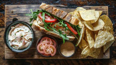 Top view of a tuna sandwich with arugula, tomato, and a creamy aioli, served on a rustic wooden board with a side of chips.の素材
