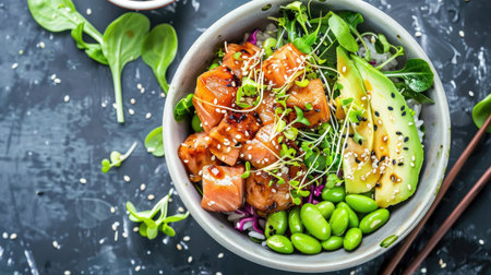 Top view of a tuna poke bowl with mixed greens, edamame, and avocado, drizzled with a soy ginger dressing.の素材
