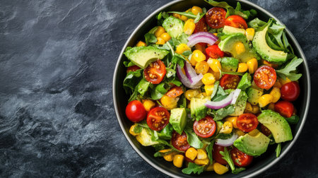 Top view of a vibrant corn and avocado salad, tossed with cherry tomatoes, red onions, and a lime vinaigrette.の素材