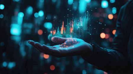 A businessman presenting a virtual stock chart hologram on his hand, glowing in a dark-themed environment, representing financial advancement.の素材