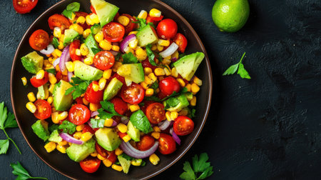 Top view of a vibrant corn and avocado salad, tossed with cherry tomatoes, red onions, and a lime vinaigrette.の素材