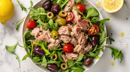 Top view of a tuna salad with mixed greens, cherry tomatoes, olives, and a lemon vinaigrette.の素材
