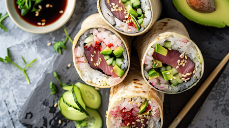 Top view of a tuna sushi burrito with avocado, cucumber, and spicy mayo, served with a side of soy sauce.の素材